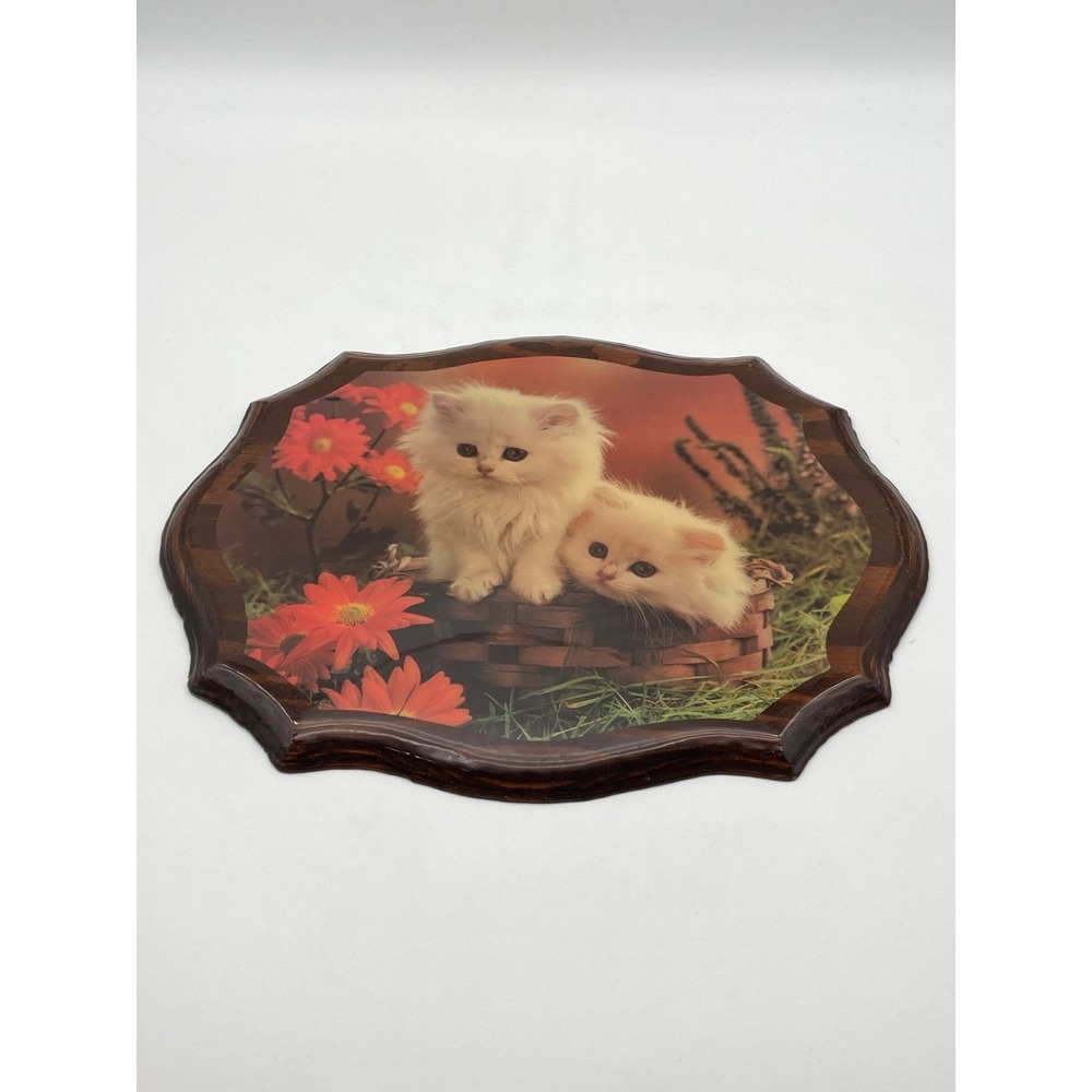 Vintage 1970s Decoupage Wood Wall Plaque White Kittens Flowers Basket High Gloss